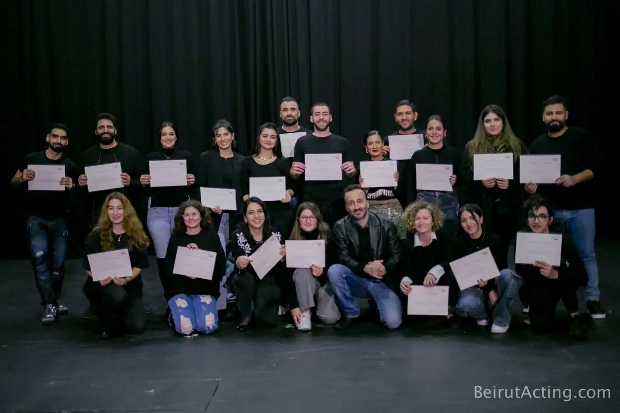 Beirut Acting workshop participants holding their certificates