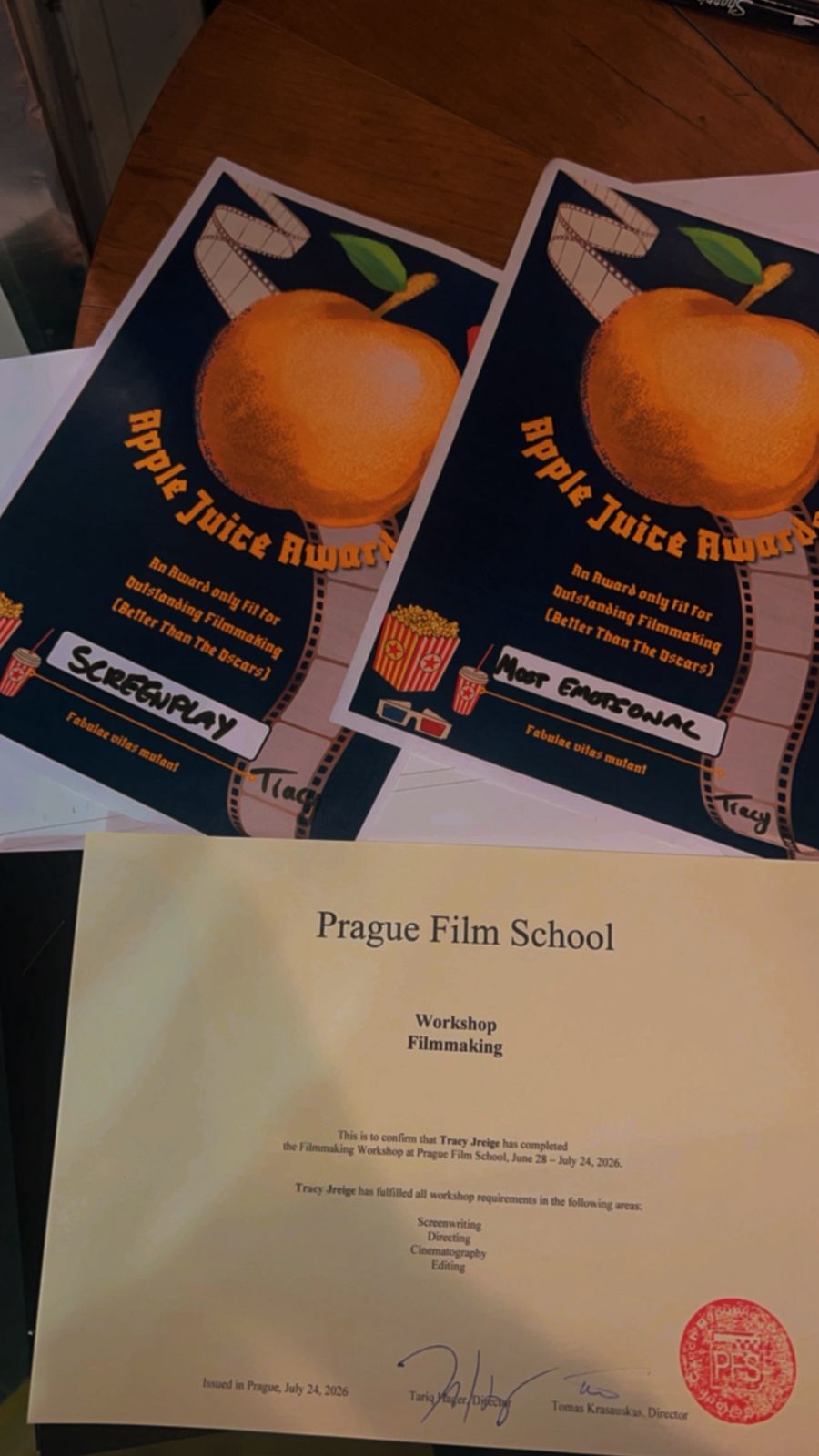 Prague Film School certificate and Apple Juice Awards sheets
